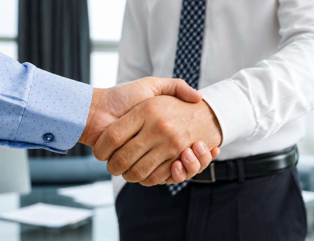 Acuerdo entre cliente y despacho de abogados en oficina profesional, simbolizando confianza, resultados y relaciones sólidas.