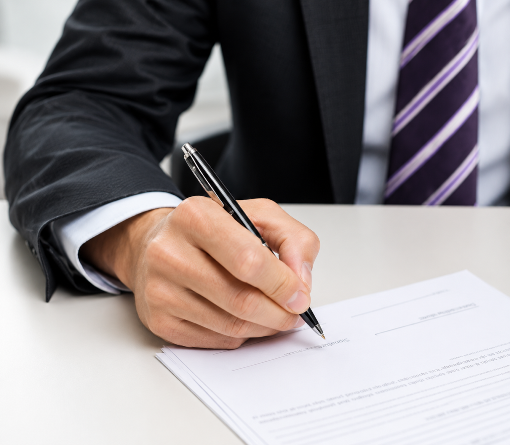 Firma de documentos legales en despacho profesional, imagen relacionada con asesoramiento jurídico, contratos y servicios legales.