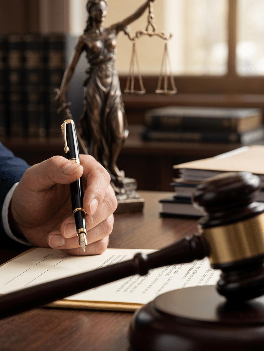 Abogado firmando — proceso de marketing jurídico sin alegaciones ni letra pequeña