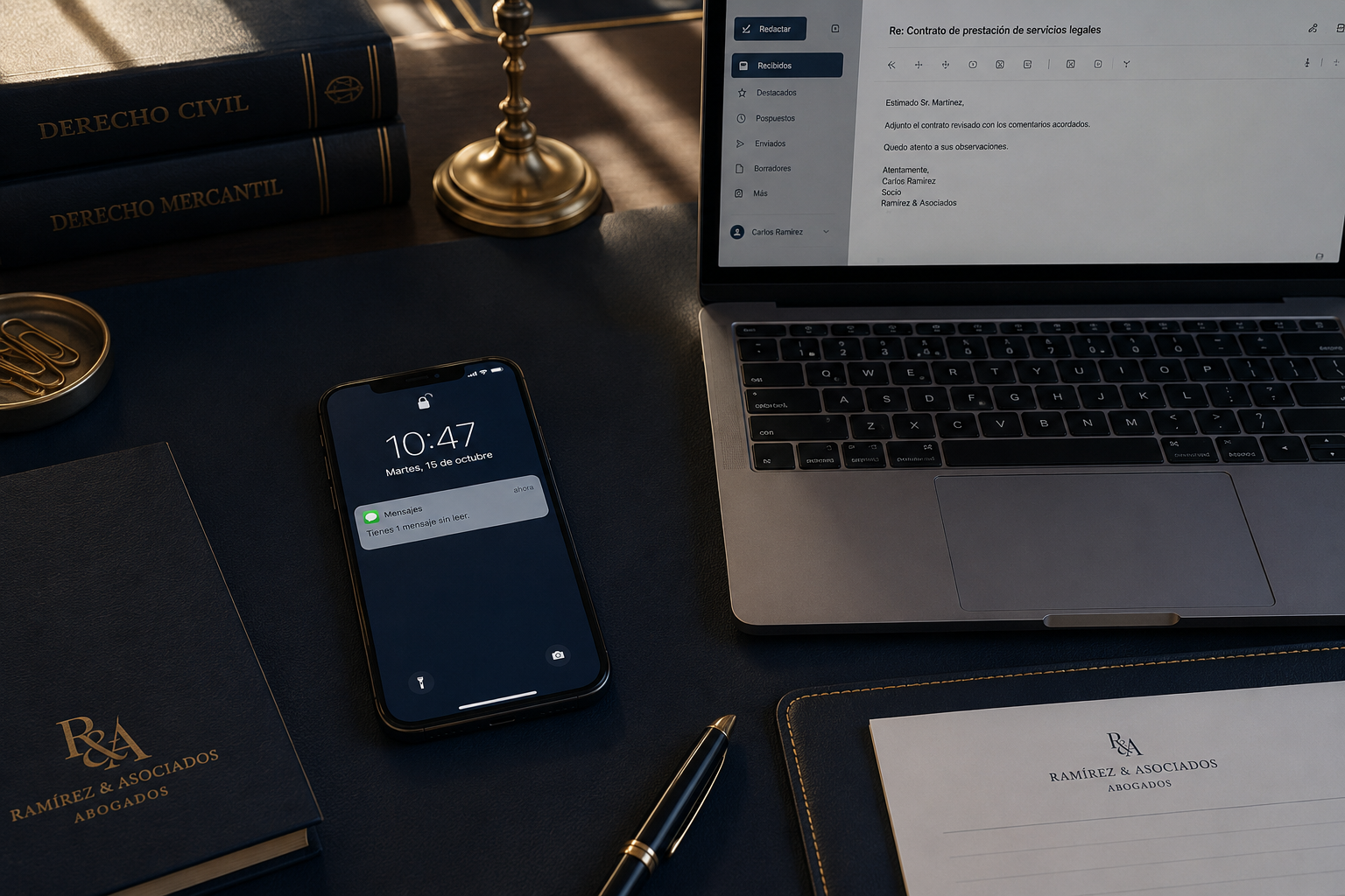 Seguimiento de clientes para abogados: móvil con un mensaje sin responder sobre el escritorio de un despacho