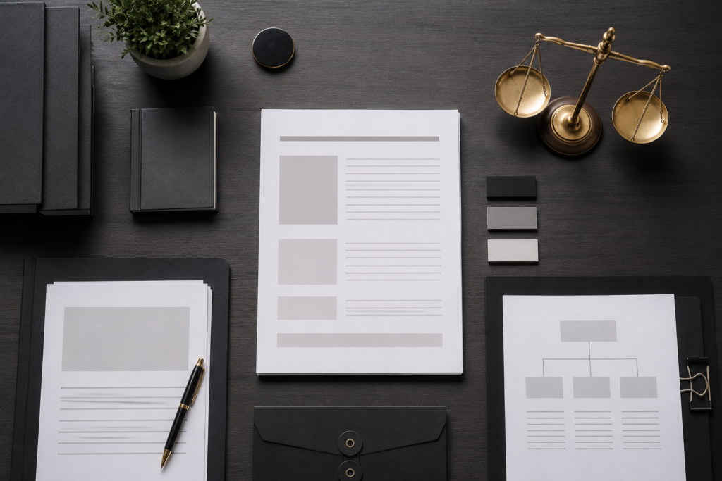 Documentos legales ordenados que reflejan el contenido claro que ayuda a posicionar un despacho en la IA