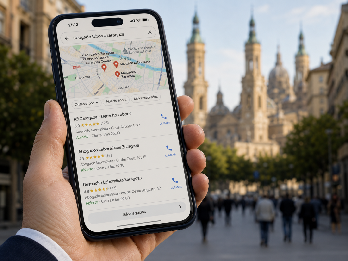 Búsqueda local en Google de un despacho de abogados en Zaragoza con reseñas